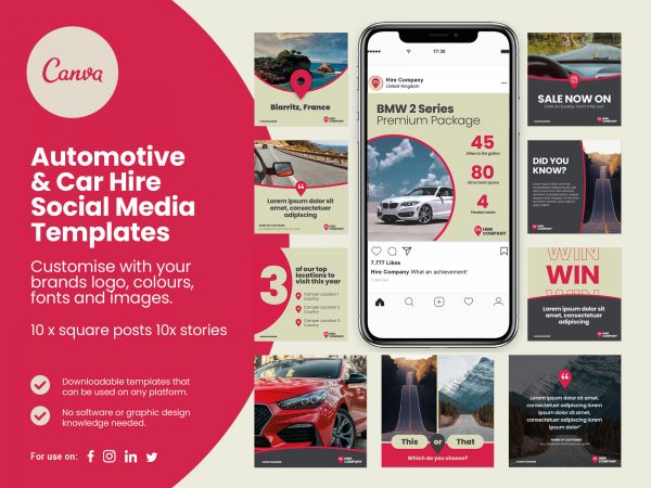 graphic showing a selection of car hire social media templates