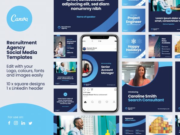 Graphic showing a collection of social media templates for recruitment agencies
