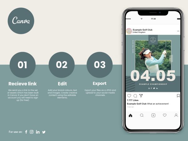 graphic showing how to download, edit and post social media templates for golf clubs